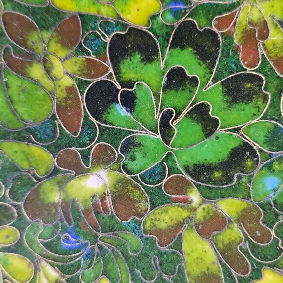 Cloisonne Enamel Plate Green Brown Vintage Brass China 4" - Picture 5 of 6